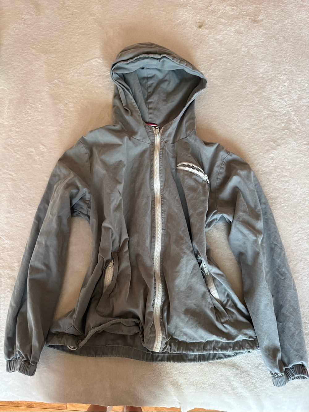 Brandy Melville Gray Hooded Bomber Jacket with White Zippers